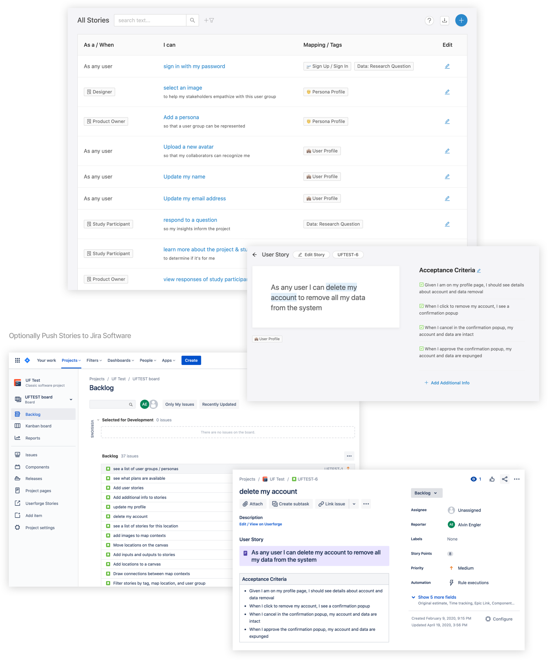 User stories table in Userforge