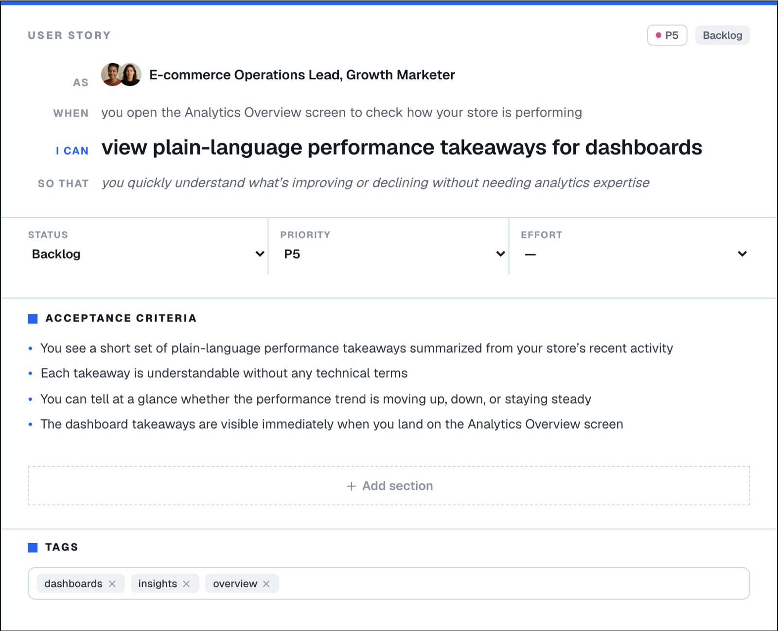 User stories table in Userforge